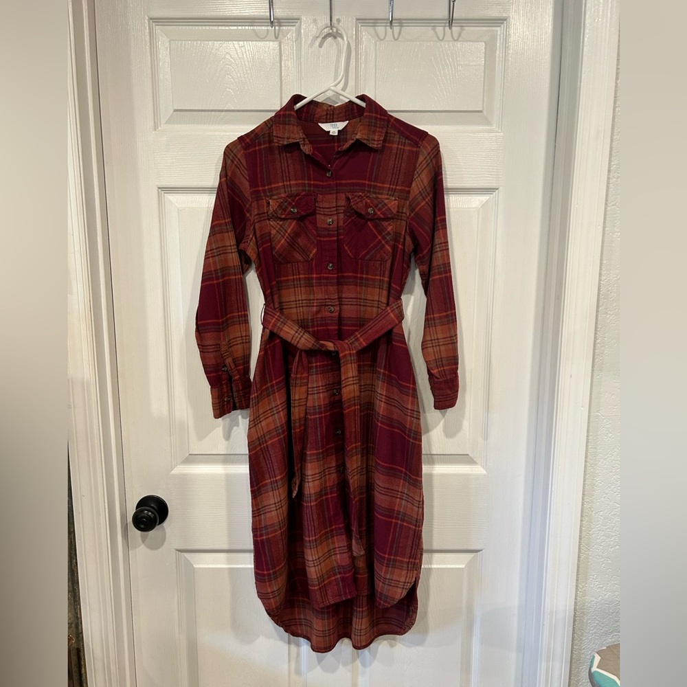 Time and Tru Red Plaid Long-Sleeve Shirt Dress with Belt